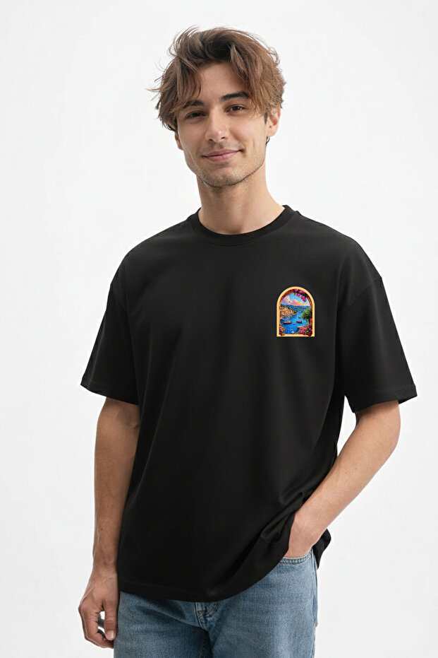 Men's Mediterranean Port Design 100 Cotton Black T-Shirt