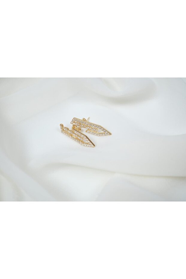 Kp181 Gold Color Zircon Stone Leaf-Shaped Earrings (Length 26 mm)