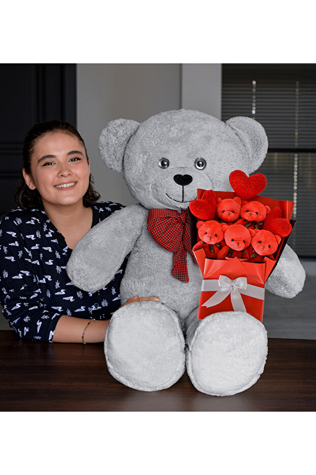 Valentine's Day Gift 80 cm Plush Teddy Bear with Bow Tie and Red Teddy Bear Bouquet with Heart