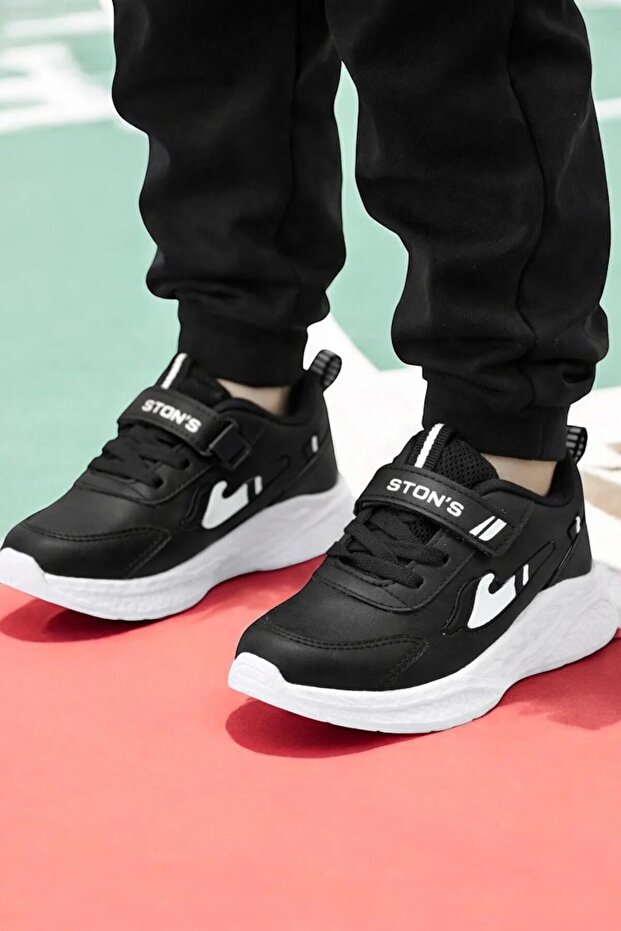 Boys' Hook-and-Loop Comfortable Sole Daily Sneakers School Shoes Black White