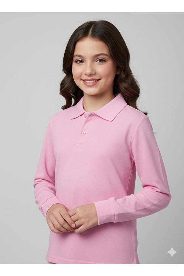 Polo Collar Pink Long Sleeve School T-Shirt