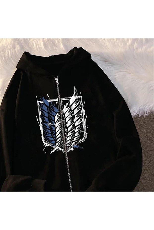 Printed Oversize Zippered Black Unisex Hooded Cardigan