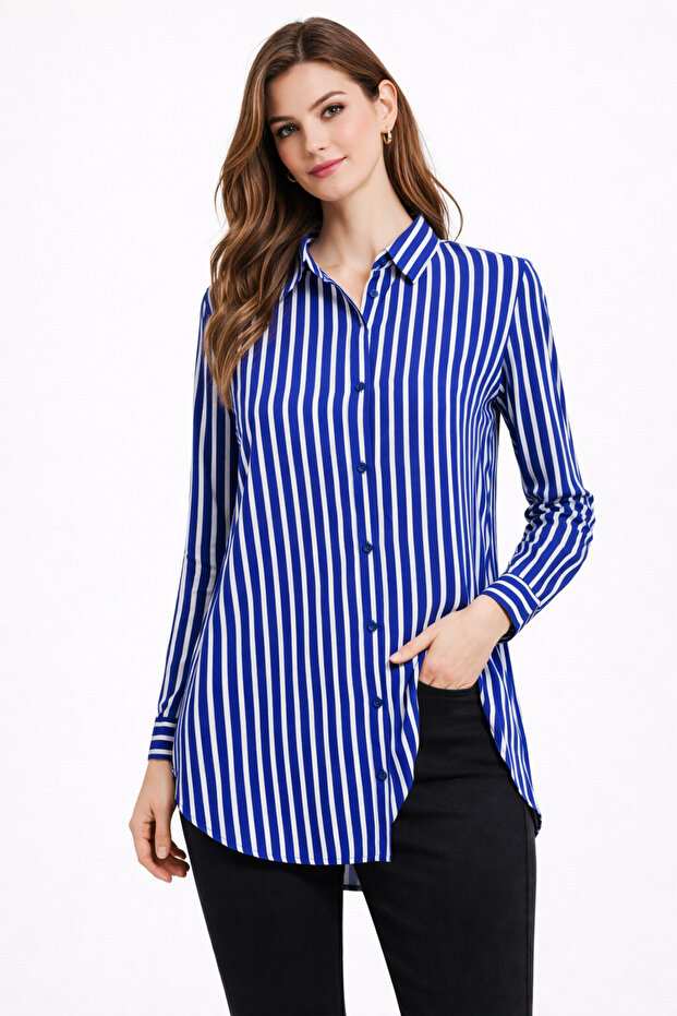 Women's Oversized Blue and White Striped Long Sleeve Shirt – Buttoned Front – Stylish – Viscose