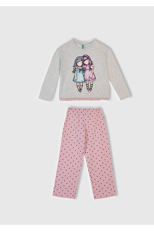 Girl's White Mix Top and Printed Bottom Patterned Pajama Set