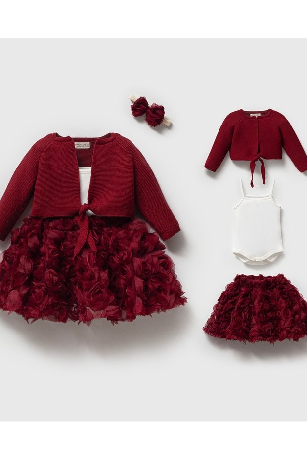 Rosalinda Knit Cardigan with Rose Skirt 4-Piece Organic Baby Girl Set