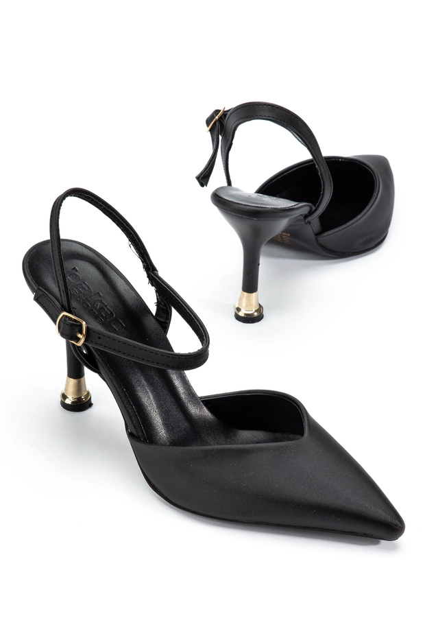 Women's black satin fabric gold heeled high heels