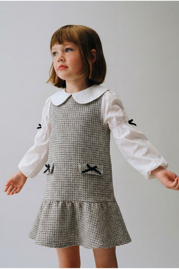 Girl's Cotton Gray Shirt Collar Dress 2 Piece Dress