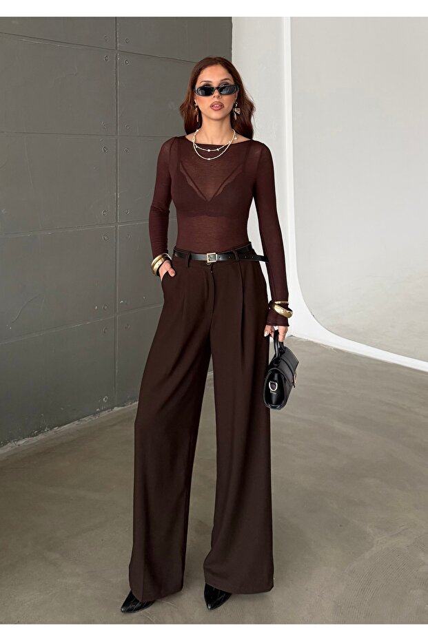 Women's Brown Pleated Belt Pack Wide Leg Pants