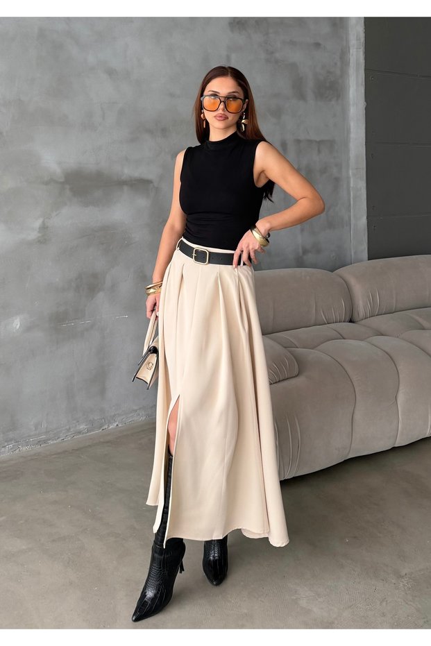 Women's Beige Pleated Maxi Size Belt Piece Woven Skirt