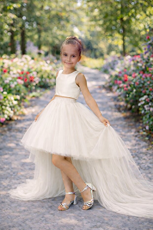 Girl's Ecru Tutu Skirt with Long Tail on the Back, Graduation Party Prom Combination Skirt