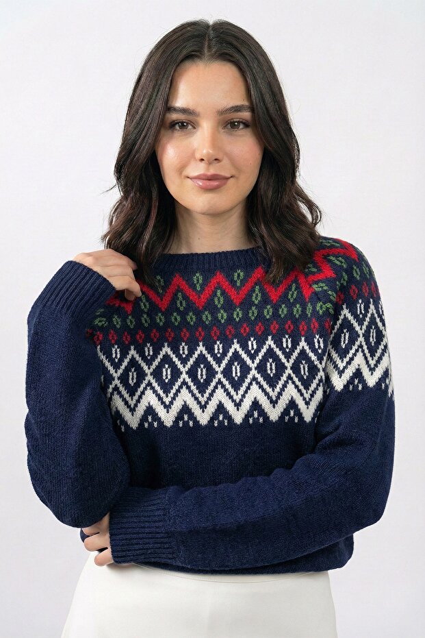 Navy Blue Knit Sweater with Patterned Collar