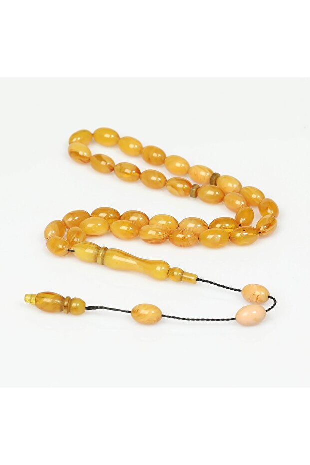 Hareli Yellow Crimped Amber Prayer Beads (7×11 mm)