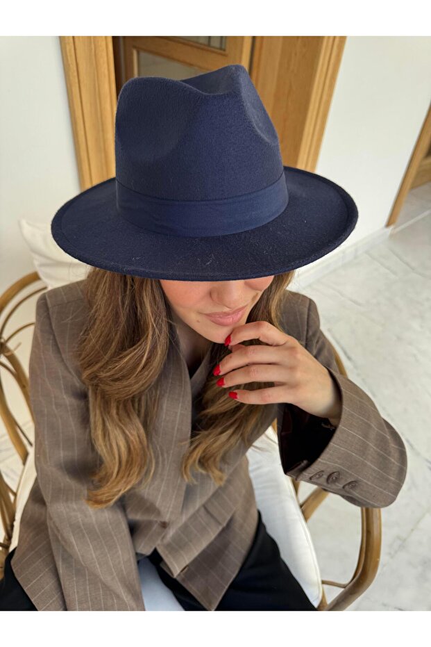 Flat Brimmed Cashmere Cowboy Hat Navy Blue