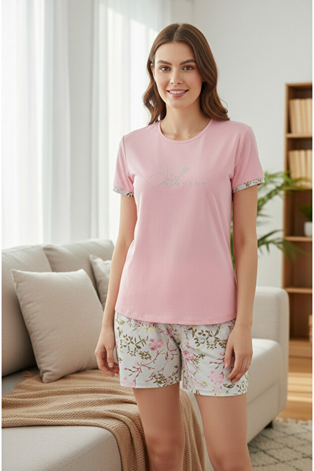 Women's Short Sleeve Crew Neck Shorts Patterned Cotton Pajama Set