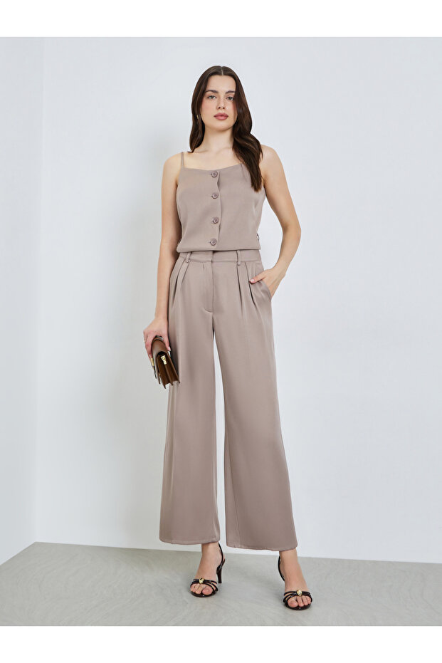 Women Beige Fold Pleat Wide Leg Trousers