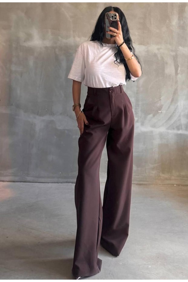 Women's Brown High Waist Palazzo Trousers with Pockets