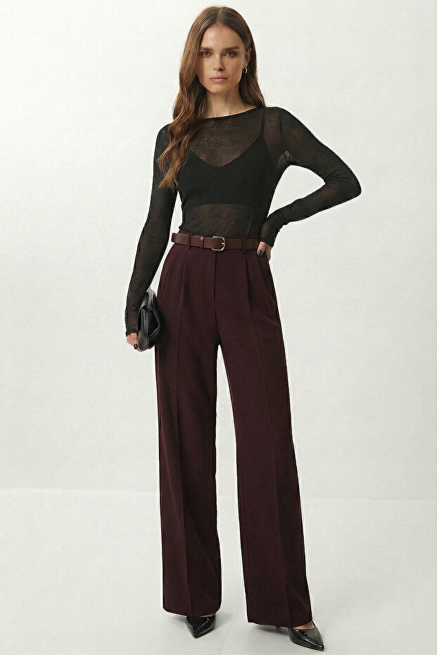 Belted Wide Leg Stretchy Knitted Trousers Lzv0045 Bordo