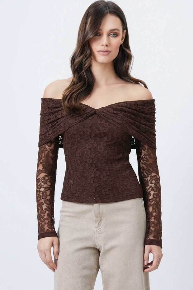 Brown Madonna Neck Lined Lace Blouse ALC-X15192