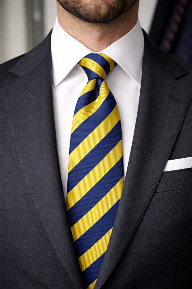 Navy Blue Yellow Striped Fan Woven Men's Tie