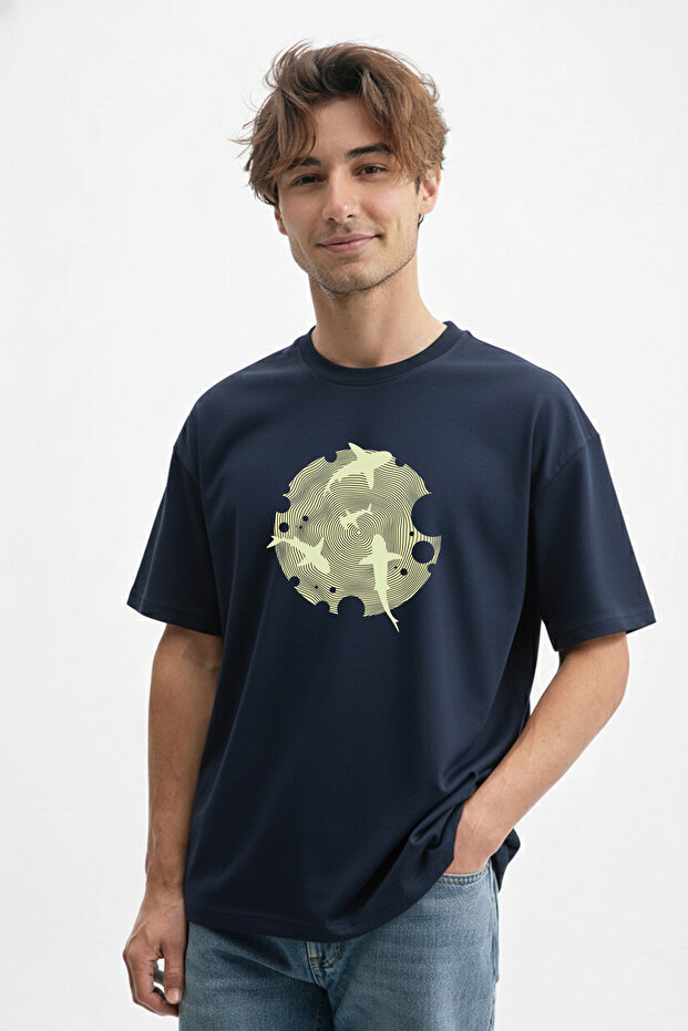 Men's Modern Optical Illusion Graphic Printed Navy Blue T-Shirt