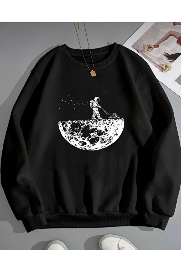 Astronaut Moon Printed Crew Neck Women'S/Men's Plain Black Sweatshirt