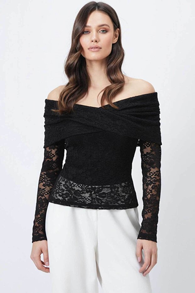 Black Madonna Neck Lined Lace Blouse ALC-X15192