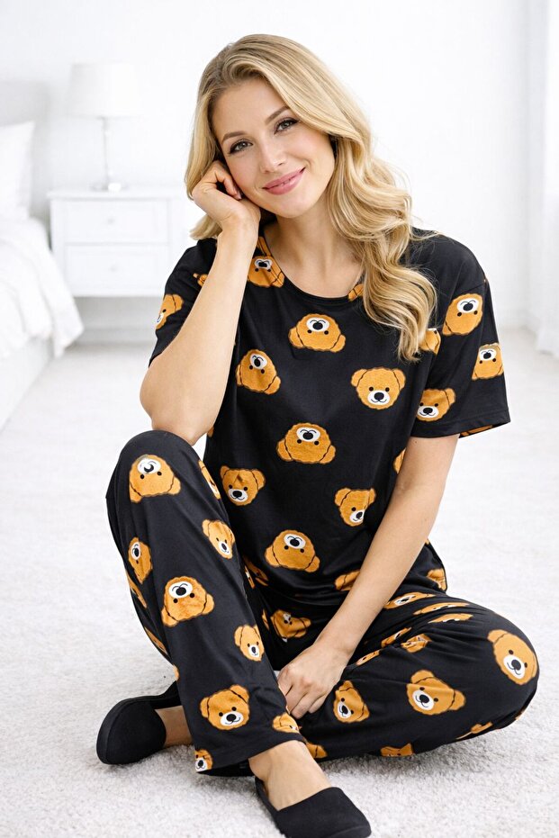 طقم بيجامة كيزاركول بنمط دب بني، قماش سوبر سوفت أساسي من نوع سوبريم - 1