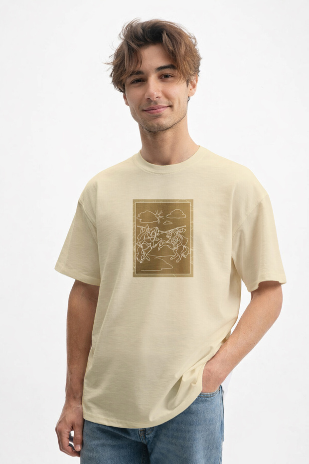 Men's Knight Duel Printed Crew Neck Cotton Beige T-Shirt