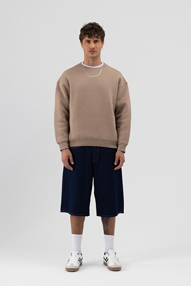 Basic Bisiklet Yaka Oversize Sweatshirt Açık Vızon - 2
