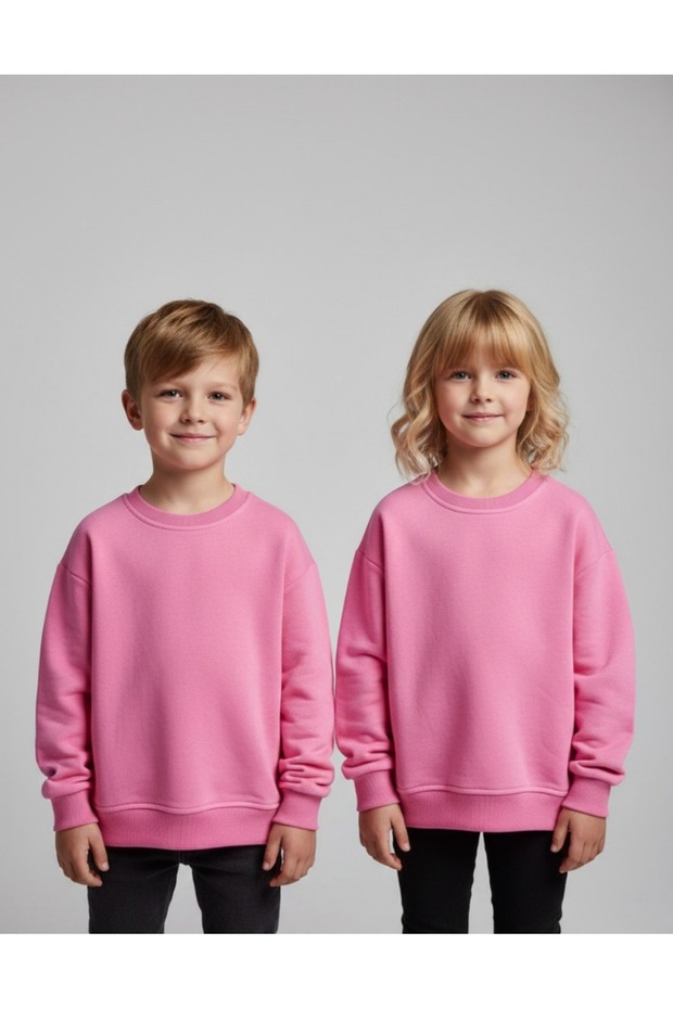 Unisex Kids' Pink Crew Neck Basic Sweatshirt - 100% Cotton Soft Fabric