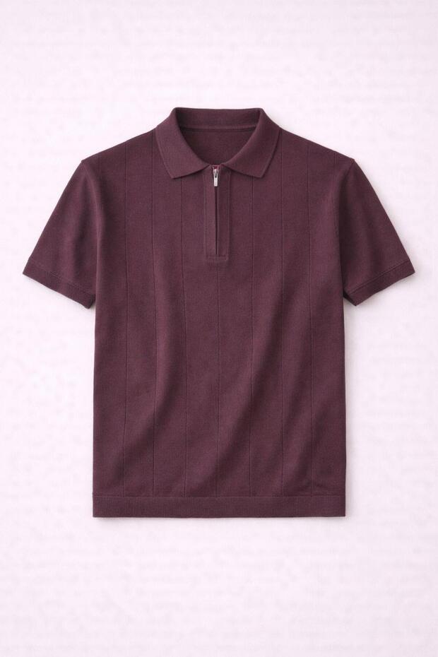 Ritchie Zippered Polo Collar Vertical Striped Short Sleeve Slim Knitwear Men's T-Shirt - Claret Red