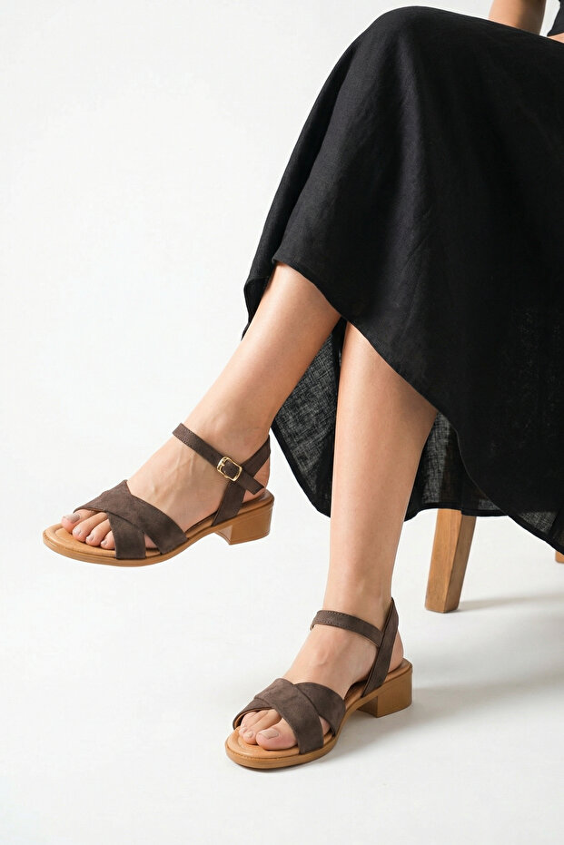 Brown Suede Genuine Leather Cross-Strapped Short Heeled Women's Sandals with Ankle Strap for Summer