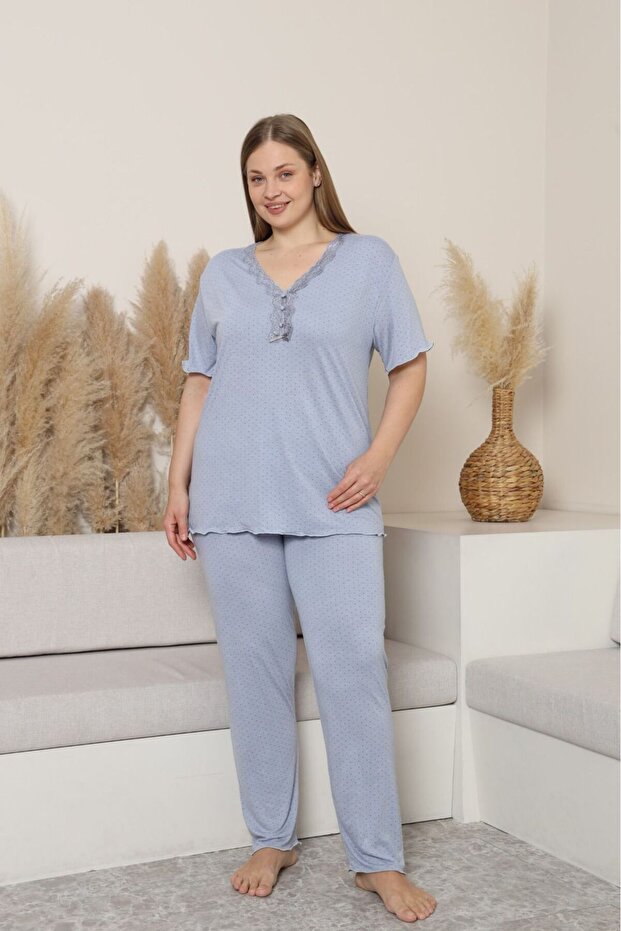 Women's Plus Size Lace Collar Short Sleeve Bamboo Pajama Set