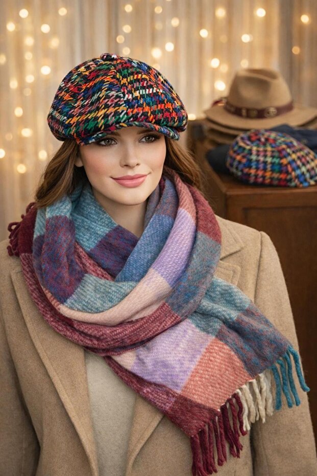 Be the Main Character of the Winter Combination! British Style Colorful Beanie + Soft Shawl ⭐