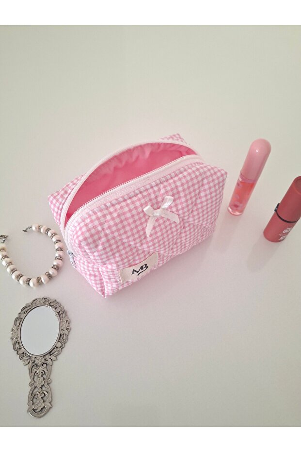 حقيبة مكياج منقوشة باللون الوردي - حقيبة صغيرة - - 1