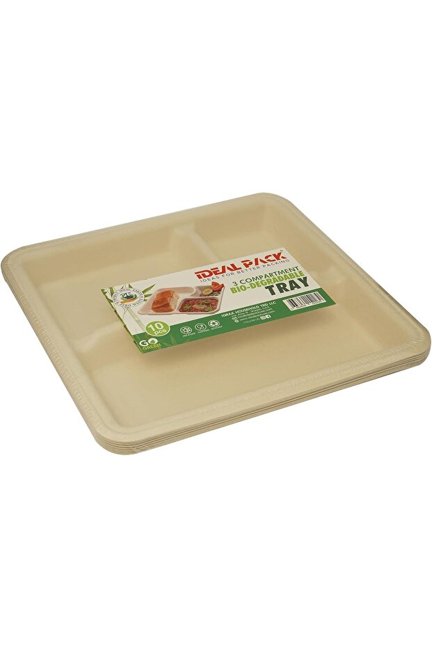 3 Compartment Bio Degradable Tray, Pack of 10pcs, Light Brown