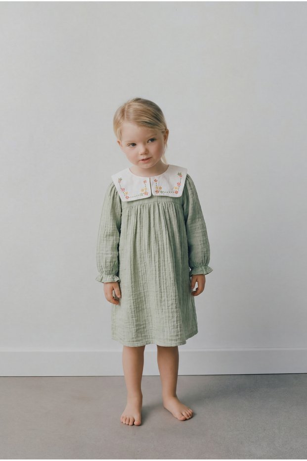 Girl's Cotton Muslin Green Embroidered Shirt Collar Dress