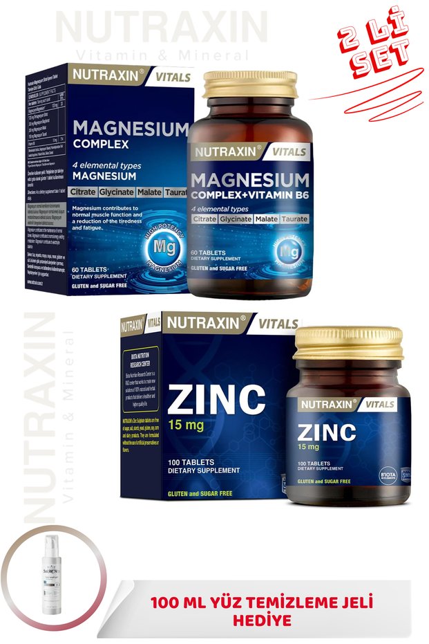 Magnesium Complex+Vitamin B6 60 Tablets & Zinc Sulphate - Zinc 15 Mg 100 Tablets + 100 ml Gel Gift