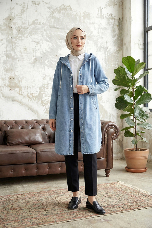 Buttoned Hooded Denim Cap - Ice Blue