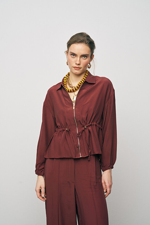Women's Modern Waist-Tied Zippered Solid Color Viscose Jacket