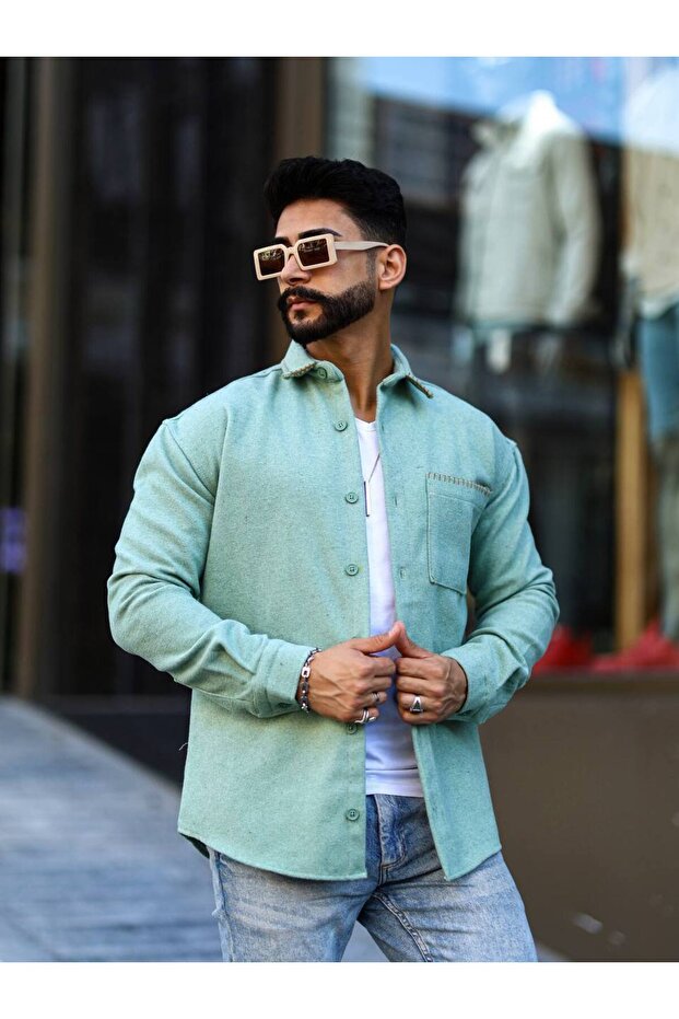 Men's Embroidered Cashmere Shirt with Single Pocket Detail