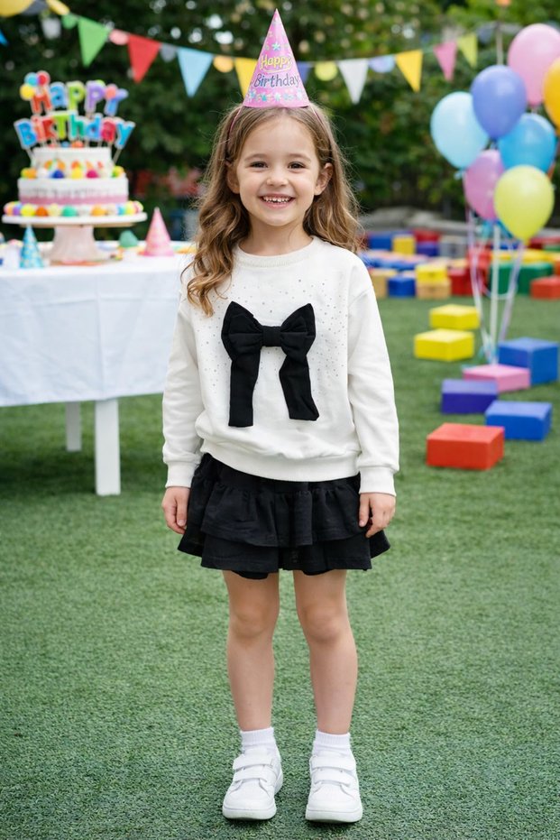 Girl's Stone Embellished Ribbon Detailed T-Shirt and Skirt Set – Stylish Combination for Holidays and Special Occasions