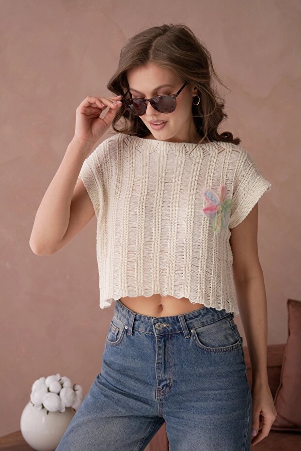 Women's Boat Neck Openwork Crop Knitwear Blouse 8241Sw