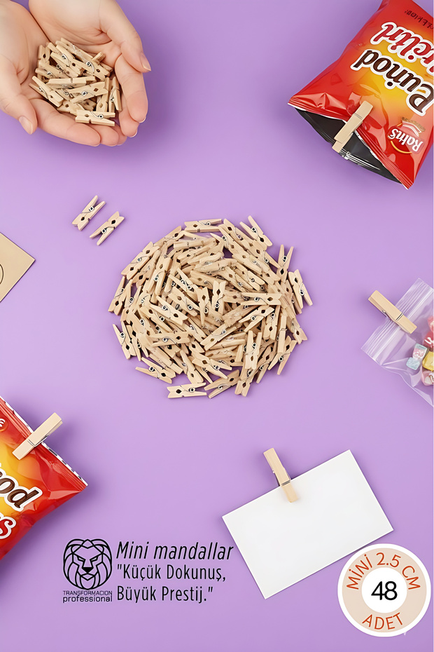 48 Pieces of Mini Wooden Pegs 2.5 cm - Set for Photo Presentation, Packaging, and Decorative Note Holder