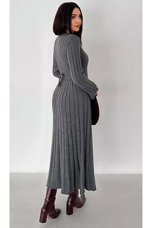 Fitilli Uzun Triko Elbise - 3