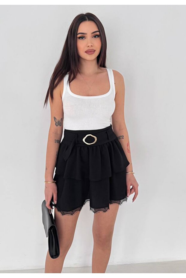 Lace Buckle Detailed Mini Skirt