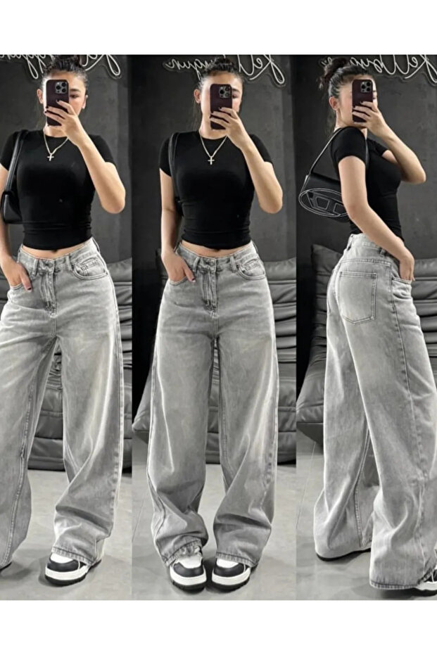 Y2K Streetwear Detail Gray Jean Pants