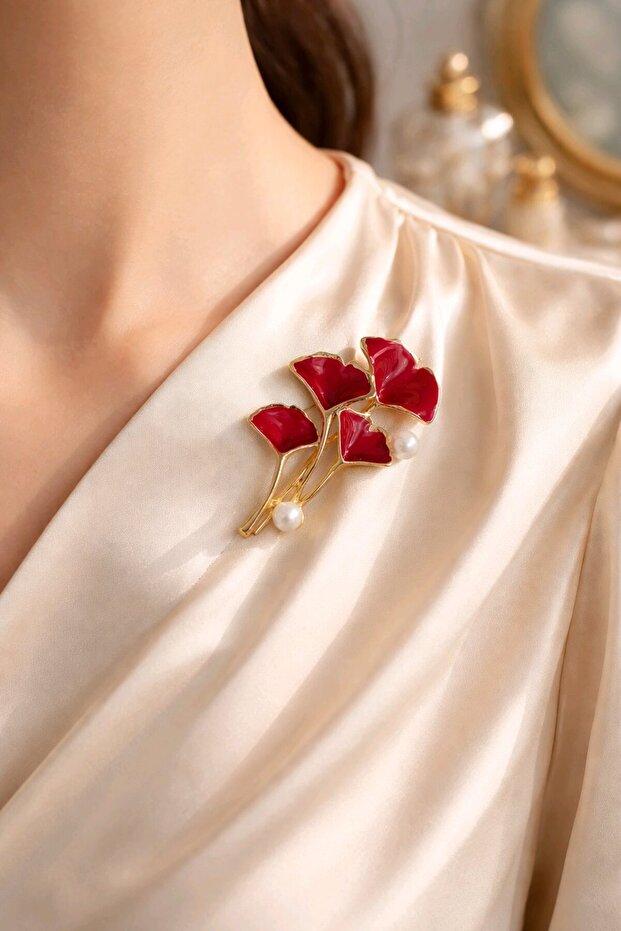 Bordo Gingko Broş - 2