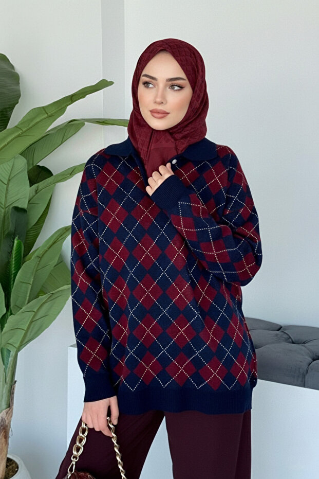 Square Patterned Kokina Baklava Pattern Sweater - 1