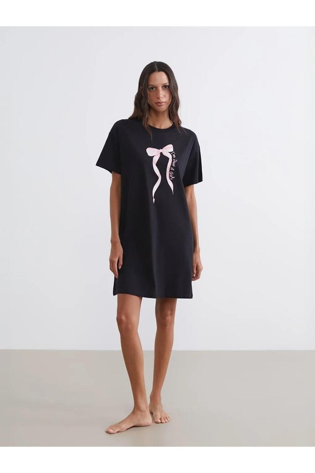 Black Crew Neck Printed Women's Nightgown (S6)